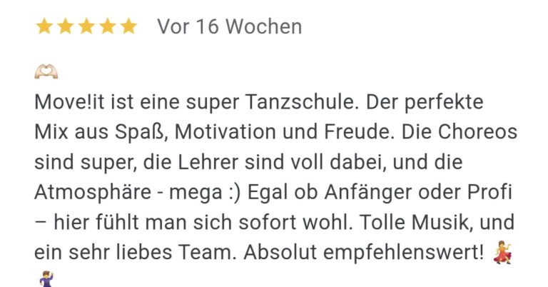 5 Sterne Bewertung von Google für die Tanzschule MOVE!iT