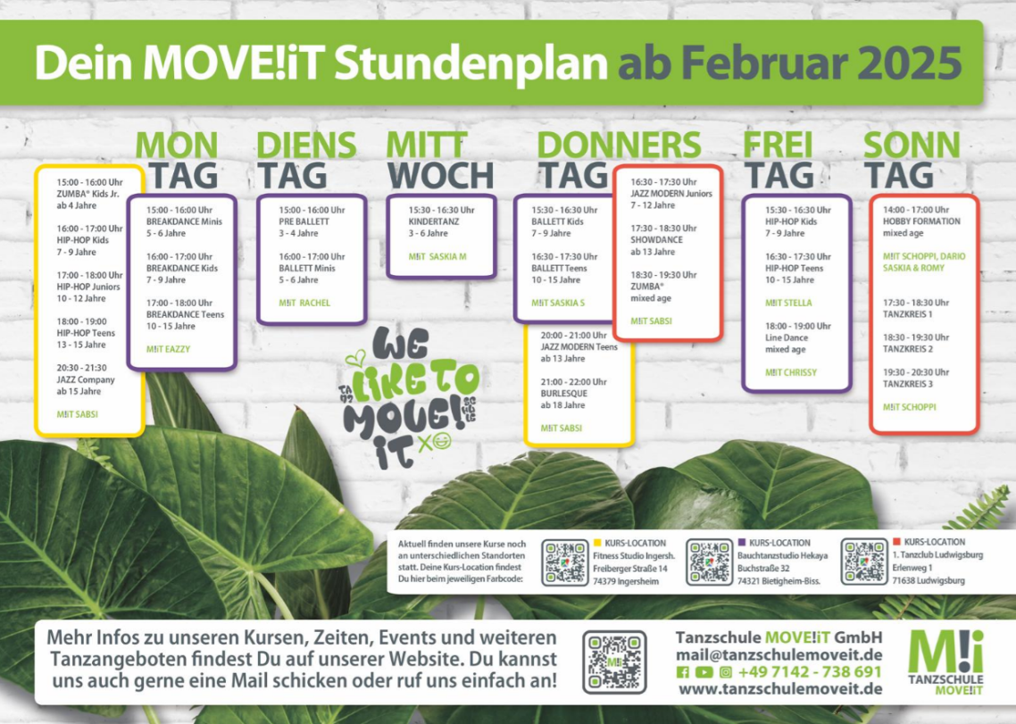 Der Studenplan deiner Tanzschule MOVE!iT Ludwigsburg, Bietigheim-Bissingen und Ingersheim